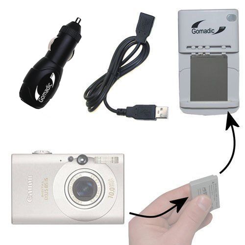Gomadic Portable External Battery Charging Kit suitable for the Canon Digital IXUS 85 IS   Includes Wall; Car and USB Charge Options