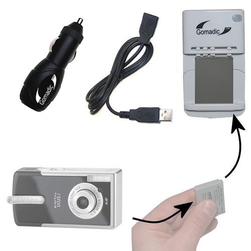 Gomadic Portable External Battery Charging Kit suitable for the Canon Digital IXUS I   Includes Wall; Car and USB Charge Options