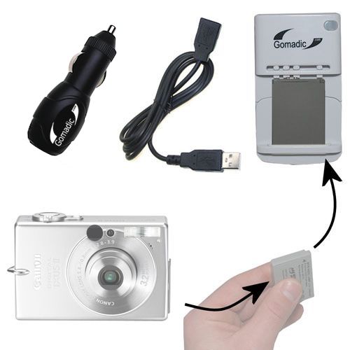 Gomadic Portable External Battery Charging Kit suitable for the Canon Digital IXUS iis   Includes Wall; Car and USB Charge Options