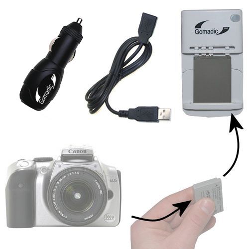 Gomadic Portable External Battery Charging Kit suitable for the Canon EOS 300D   Includes Wall; Car and USB Charge Options