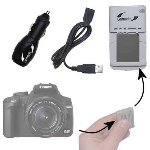 Gomadic Portable External Battery Charging Kit suitable for the Canon EOS 350D   Includes Wall; Car and USB Charge Options