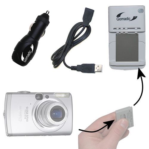 Gomadic Portable External Battery Charging Kit suitable for the Canon IXUS 950 IS   Includes Wall; Car and USB Charge Options