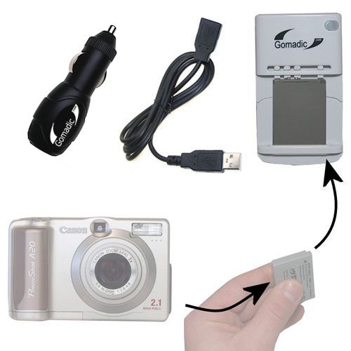 Gomadic Portable External Battery Charging Kit suitable for the Canon Powershot A10   Includes Wall; Car and USB Charge Options