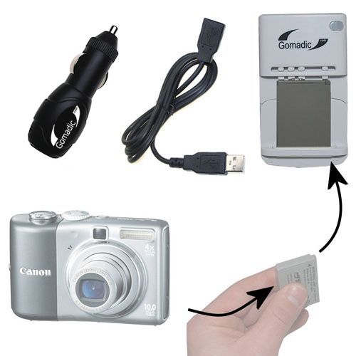 Gomadic Portable External Battery Charging Kit suitable for the Canon PowerShot A1000 IS   Includes Wall; Car and USB Charge Options