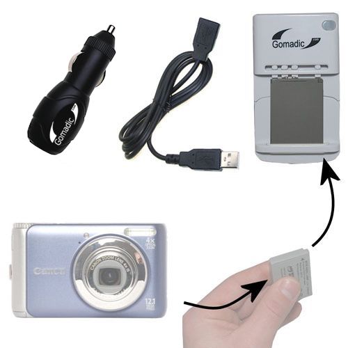 Gomadic Portable External Battery Charging Kit suitable for the Canon Powershot A3100   Includes Wall; Car and USB Charge Options