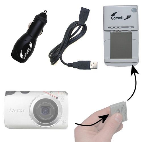 Op risico Wijden Plons Gomadic Portable External Battery Charging Kit suitable for the Canon Powershot  A3300 IS Includes Wall; Car and USB Charge Options