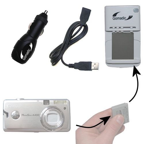Gomadic Portable External Battery Charging Kit suitable for the Canon PowerShot A400   Includes Wall; Car and USB Charge Options