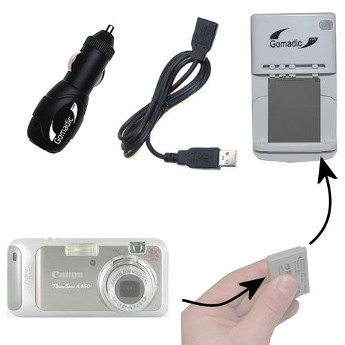 Gomadic Portable External Battery Charging Kit suitable for the Canon PowerShot A460   Includes Wall; Car and USB Charge Options