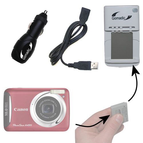 Gomadic Portable External Battery Charging Kit suitable for the Canon PowerShot A495   Includes Wall; Car and USB Charge Options