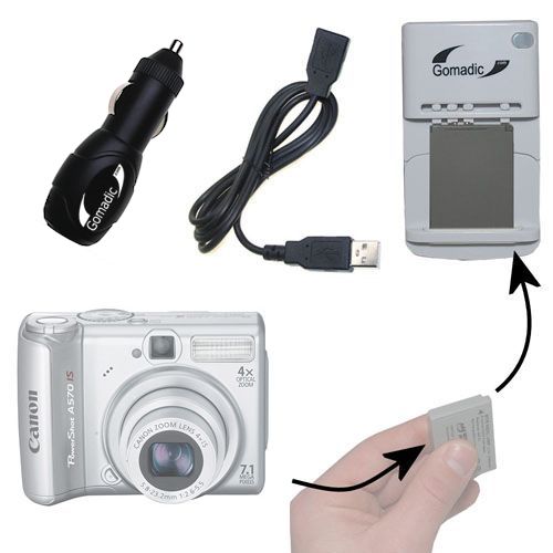 Gomadic Portable External Battery Charging Kit suitable for the Canon PowerShot A570 IS   Includes Wall; Car and USB Charge Options
