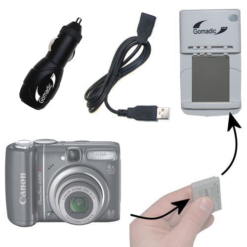 Gomadic Portable External Battery Charging Kit suitable for the Canon PowerShot A590   Includes Wall; Car and USB Charge Options