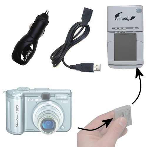 Gomadic Portable External Battery Charging Kit suitable for the Canon Powershot A620   Includes Wall; Car and USB Charge Options