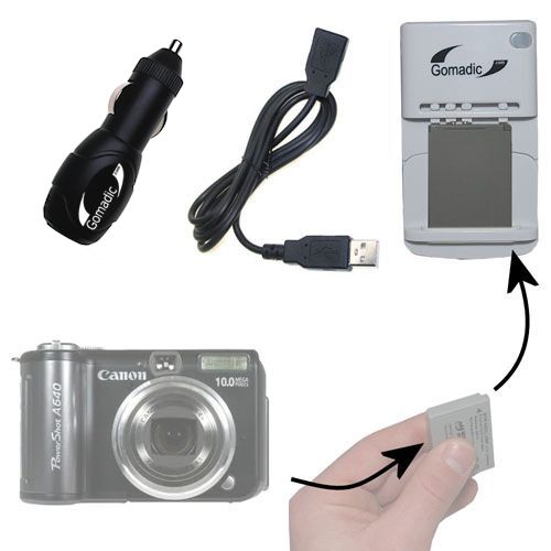 Gomadic Portable External Battery Charging Kit suitable for the Canon Powershot A640   Includes Wall; Car and USB Charge Options