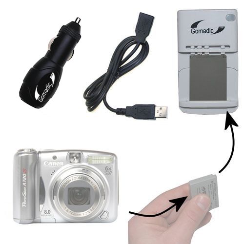 Gomadic Portable External Battery Charging Kit suitable for the Canon PowerShot A720 IS   Includes Wall; Car and USB Charge Options