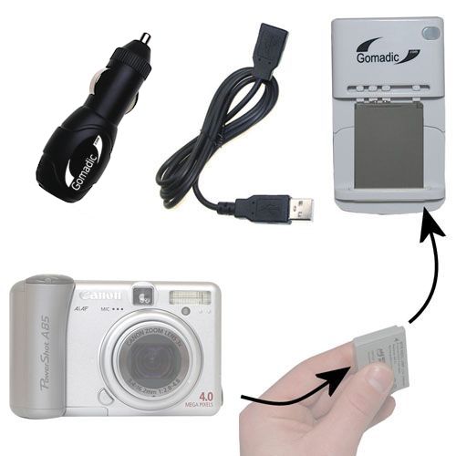 Gomadic Portable External Battery Charging Kit suitable for the Canon Powershot A85   Includes Wall; Car and USB Charge Options