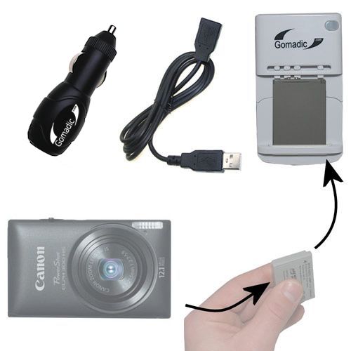Gomadic Portable External Battery Charging Kit suitable for the Canon Powershot ELPH 300 HS   Includes Wall; Car and USB Charge Options