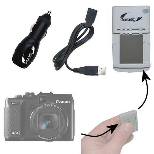 Gomadic Portable External Battery Charging Kit suitable for the Canon Powershot G1   Includes Wall; Car and USB Charge Options