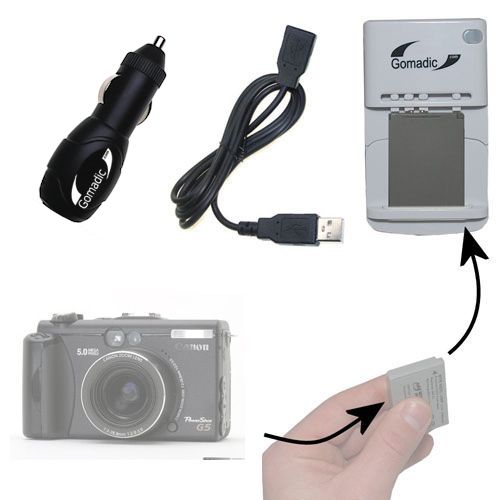 Gomadic Portable External Battery Charging Kit suitable for the Canon Powershot G5   Includes Wall; Car and USB Charge Options