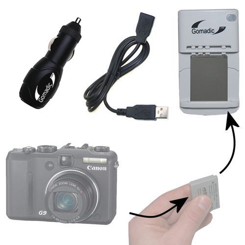 Gomadic Portable External Battery Charging Kit suitable for the Canon Powershot G9   Includes Wall; Car and USB Charge Options