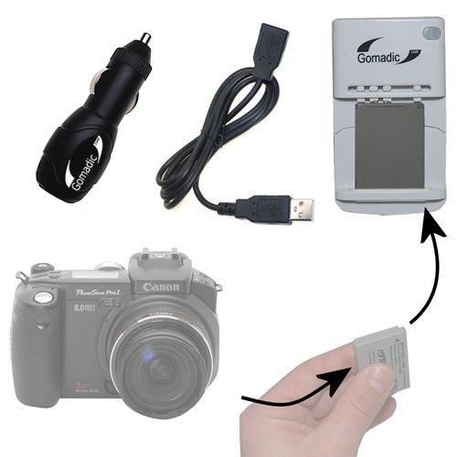 Gomadic Portable External Battery Charging Kit suitable for the Canon Powershot Pro1   Includes Wall; Car and USB Charge Options