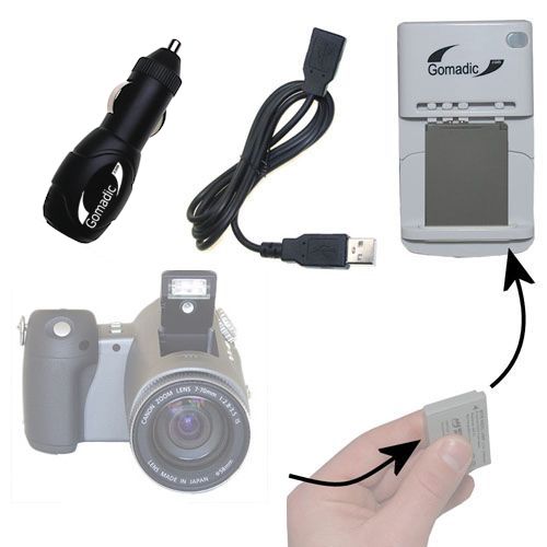 Gomadic Portable External Battery Charging Kit suitable for the Canon Powershot Pro90 IS   Includes Wall; Car and USB Charge Options