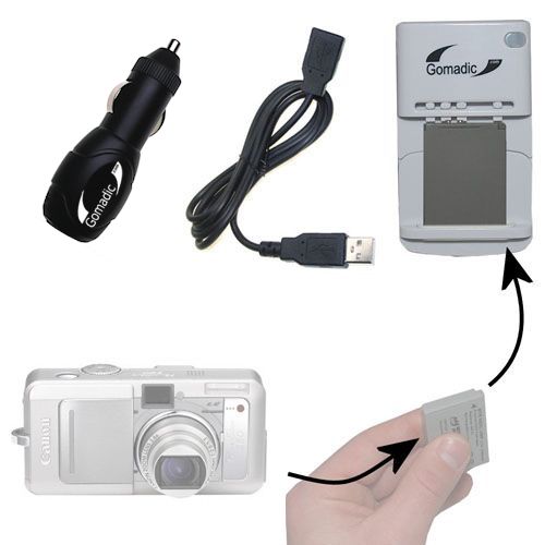 Gomadic Portable External Battery Charging Kit suitable for the Canon Powershot S60   Includes Wall; Car and USB Charge Options