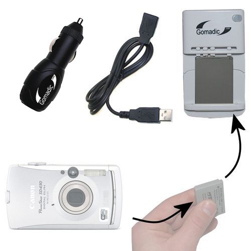 Gomadic Portable External Battery Charging Kit suitable for the Canon Powershot SD430   Includes Wall; Car and USB Charge Options
