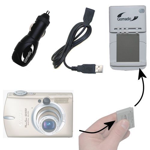 Gomadic Portable External Battery Charging Kit suitable for the Canon Powershot SD550   Includes Wall; Car and USB Charge Options
