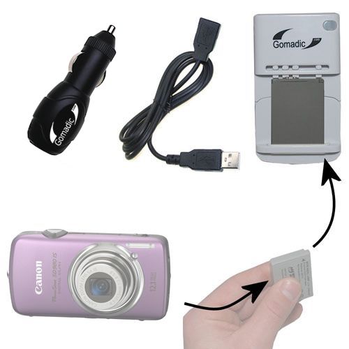 Gomadic Portable External Battery Charging Kit suitable for the Canon Powershot SD980 IS   Includes Wall; Car and USB Charge Options