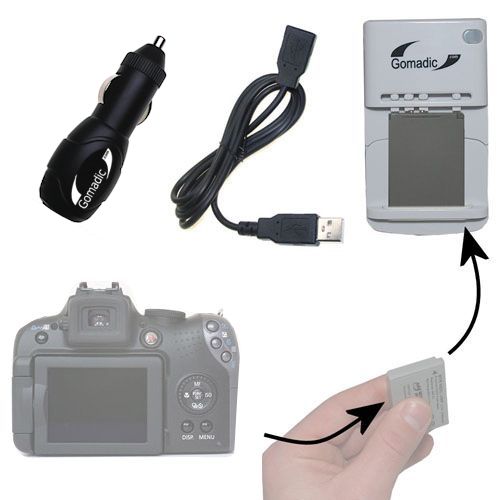 Gomadic Portable External Battery Charging Kit suitable for the Canon Powershot SX10 IS   Includes Wall; Car and USB Charge Options