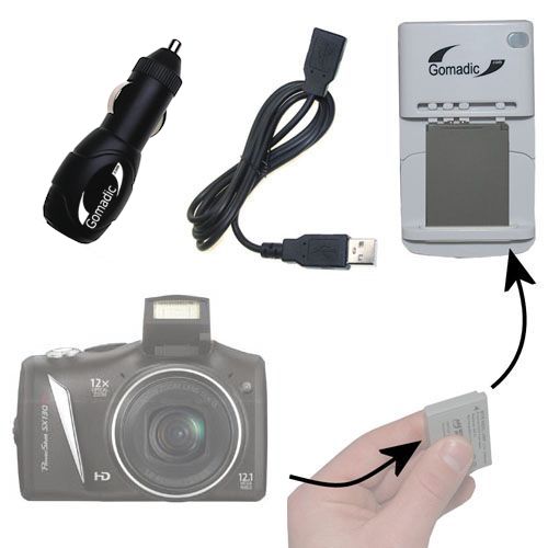 Gomadic Portable External Battery Charging Kit suitable for the Canon PowerShot SX130 IS   Includes Wall; Car and USB Charge Options
