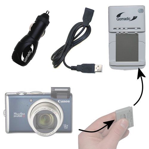 Gomadic Portable External Battery Charging Kit suitable for the Canon Powershot SX200 IS   Includes Wall; Car and USB Charge Options