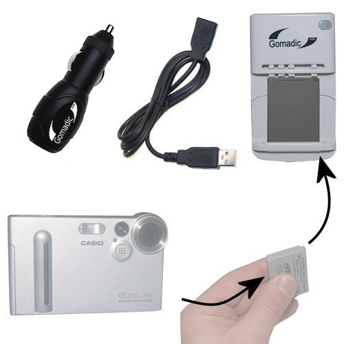 Gomadic Portable External Battery Charging Kit suitable for the Casio Exilim EX-M2   Includes Wall; Car and USB Charge Options