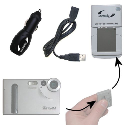 Gomadic Portable External Battery Charging Kit suitable for the Casio Exilim EX-S1   Includes Wall; Car and USB Charge Options