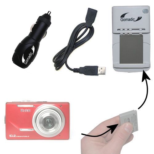 Gomadic Portable External Battery Charging Kit suitable for the Kodak EasyShare M380   Includes Wall; Car and USB Charge Options