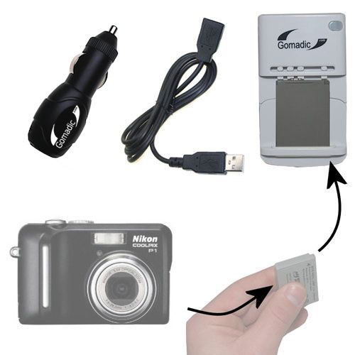 Gomadic Portable External Battery Charging Kit suitable for the Nikon Coolpix P1   Includes Wall; Car and USB Charge Options