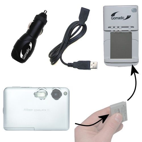 Gomadic Portable External Battery Charging Kit suitable for the Nikon Coolpix S1   Includes Wall; Car and USB Charge Options