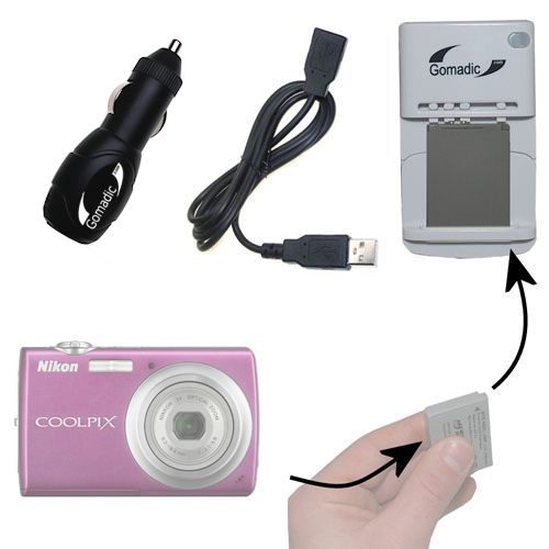 Gomadic Portable External Battery Charging Kit suitable for the Nikon Coolpix S220   Includes Wall; Car and USB Charge Options