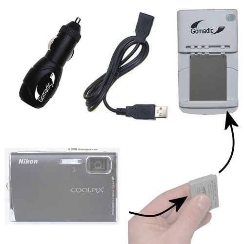 Gomadic Portable External Battery Charging Kit suitable for the Nikon Coolpix S51   Includes Wall; Car and USB Charge Options