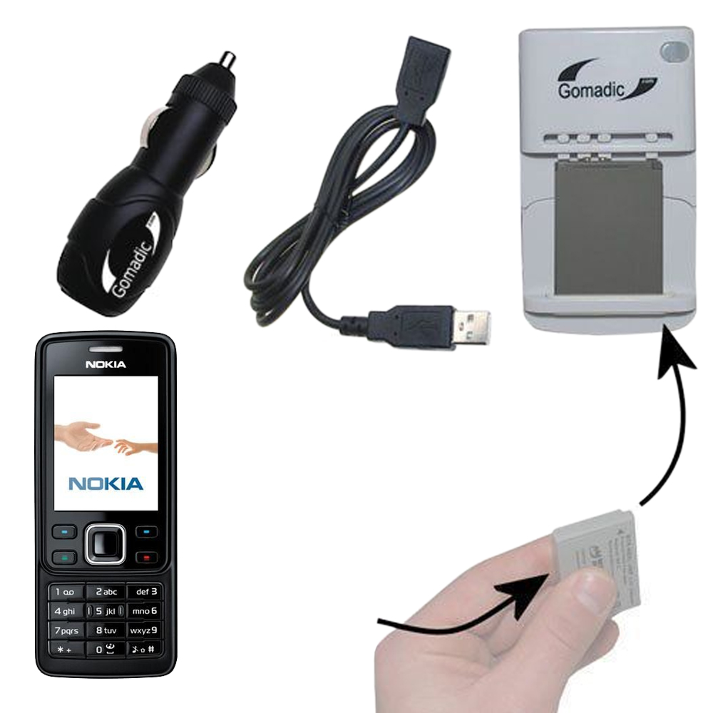 Gomadic Portable External Battery Charging Kit suitable for the Nokia 6300 6301 6555 6650   Includes Wall; Car and USB Charge Options