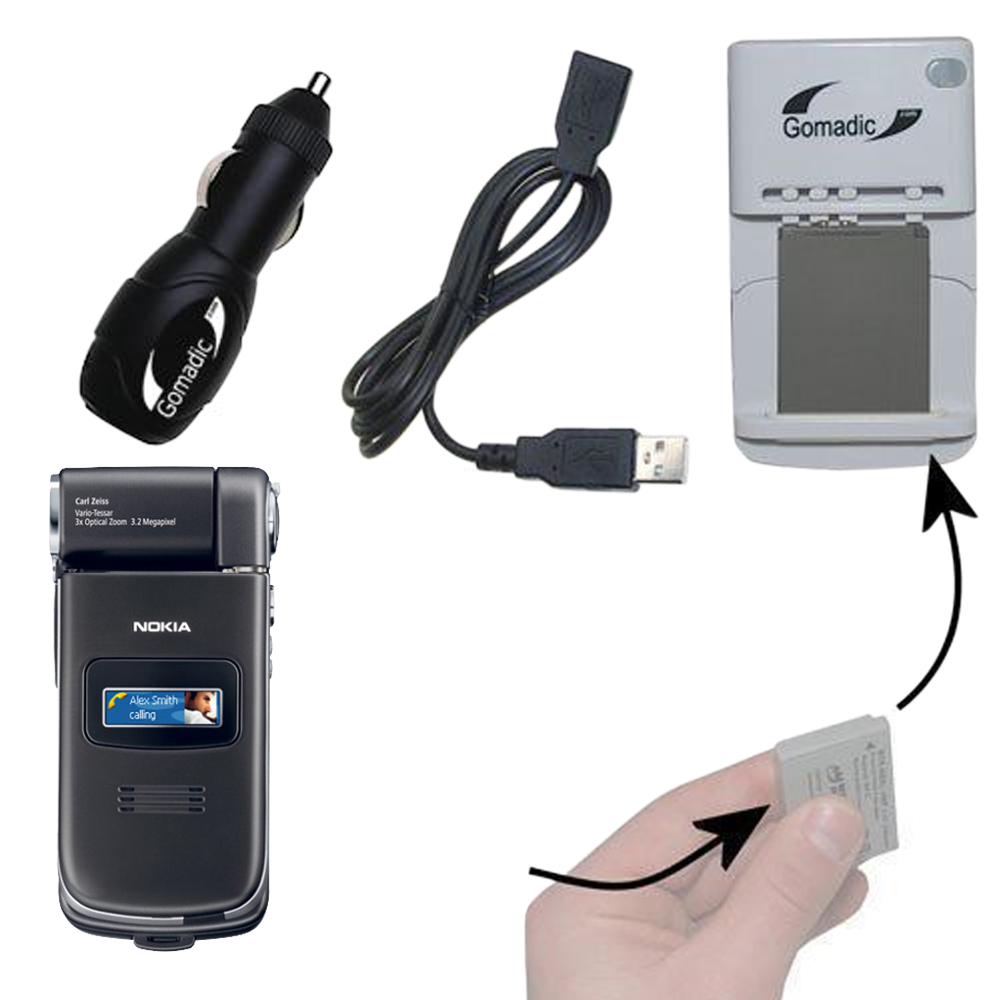 Gomadic Portable External Battery Charging Kit suitable for the Nokia N90 N93 N95   Includes Wall; Car and USB Charge Options