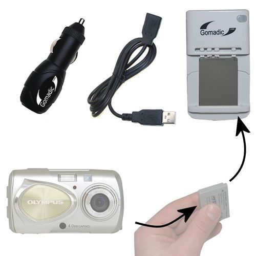 Gomadic Portable External Battery Charging Kit suitable for the Olympus Stylus 400 Digital Wall; and USB Charge Options