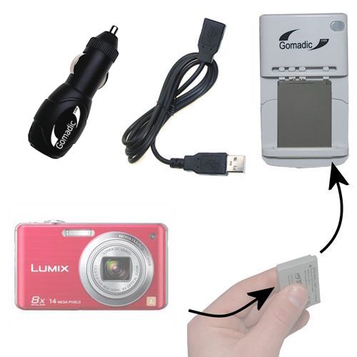 Gomadic Portable External Battery Charging Kit suitable for the Panasonic DMC-FH20   Includes Wall; Car and USB Charge Options