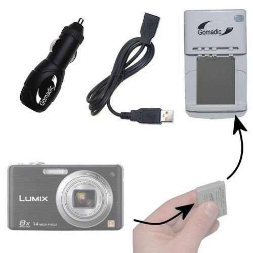 Gomadic Portable External Battery Charging Kit suitable for the Panasonic DMC-FH22   Includes Wall; Car and USB Charge Options