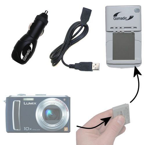 audición alquitrán Defectuoso Gomadic Portable External Battery Charging Kit suitable for the Panasonic  Lumix DMC-TZ5 Includes Wall; Car and USB Charge Options