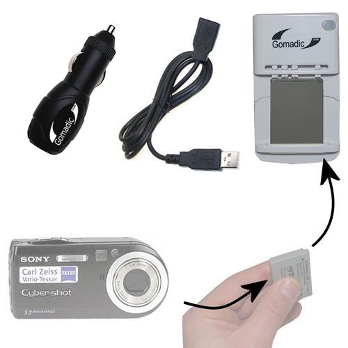 Gomadic Portable External Battery Charging Kit suitable for the Sony DSC-P120   Includes Wall; Car and USB Charge Options